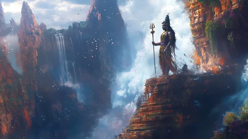 Majestic mountain deity stands watch above mist and waterfalls