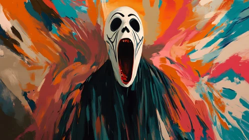 Hooded skeletal figure with open mouth amid abstract field.