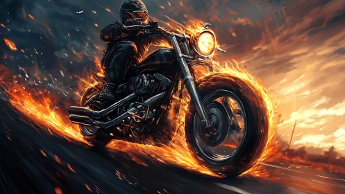 Motorcycle rider on flaming road in stylized digital scene.
