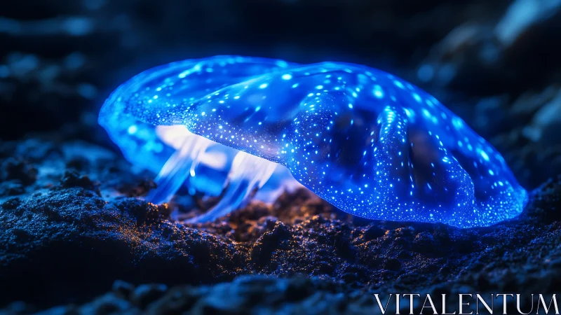 Bioluminescent jellyfish on seabed in ultra-sharp macro focus