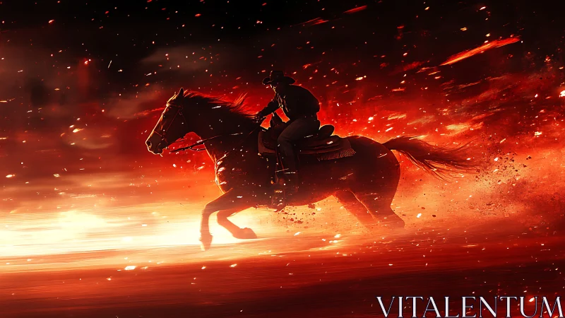 Rider in the ember storm, galloping through fiery light.