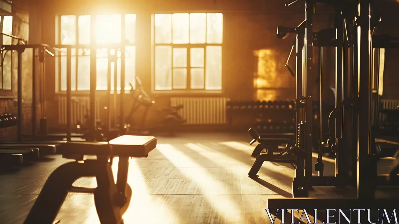 Sunlit empty gym with benches and strength machines at dawn.