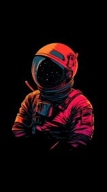 Neon-lit astronaut silhouette under star-filled visor glow.