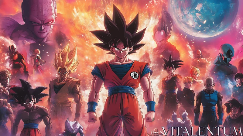 Central anime fighter with assembled characters in flames.