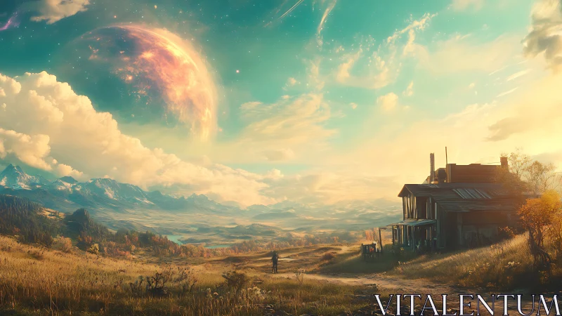 Expansive alien pastoral landscape with farmhouse structure.