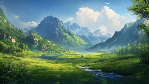 Mountain valley landscape with river, meadows and forests.