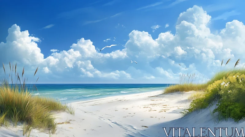 Sunlit dunes open onto a tranquil turquoise ocean horizon