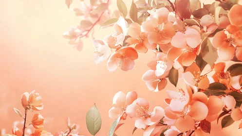 Soft-focus peach blossoms rendered with high-key bokeh lighting