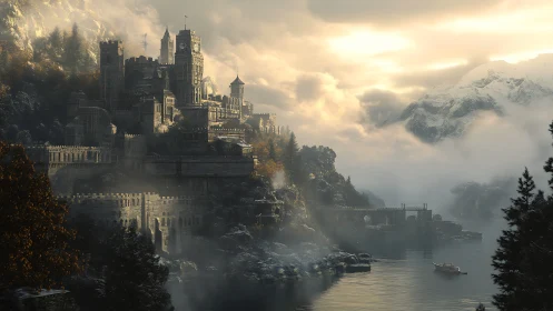 Misty cliffside castle glowing over a quiet mountain lake.