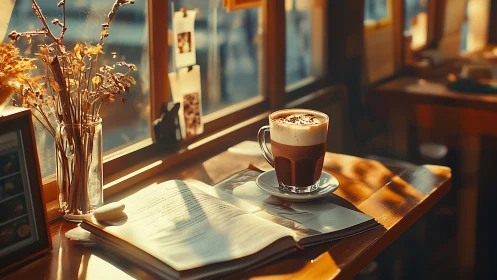 Latte rests beside open book in warm golden caf&eacute; light.
