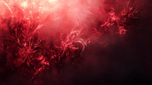 Red fractal floral plumes in dense abstract digital field.