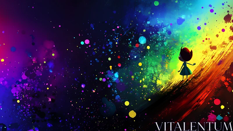 Tiny dreamer strolls along a roaring rainbow cosmos