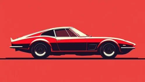 Retro sports coupe profile on bold red minimalist backdrop.