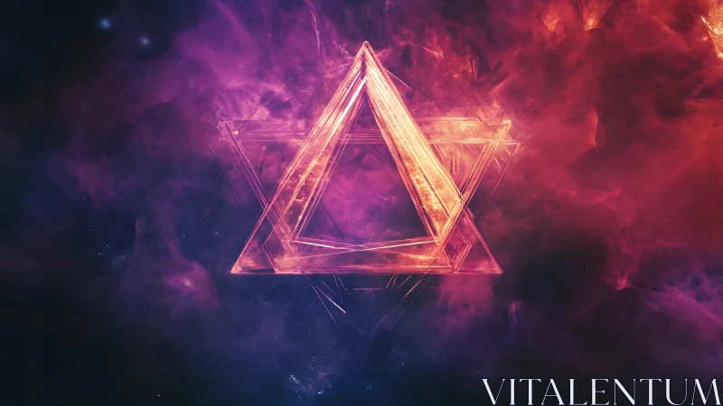 Glowing geometric triangle rotates inside vivid cosmic nebula