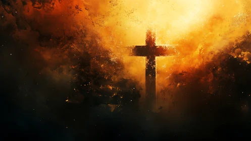 Radiant Christian cross emerges from blazing golden clouds.