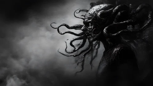 Tentacled humanoid profile in monochrome atmospheric haze.