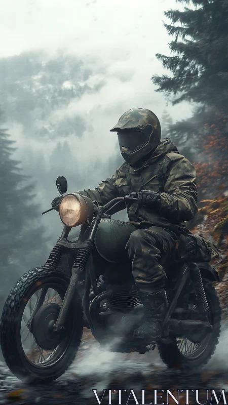 Motorcyclist in camouflage gear on misty forest trail.