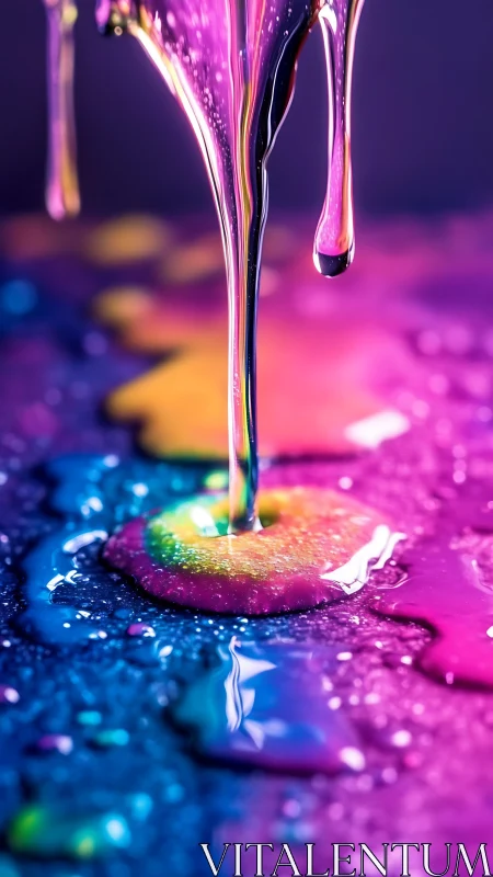 Vertical stream of neon liquid over wet gradient surface.