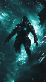 Armored astronaut drifting in illuminated space cloud field.