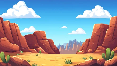 Cartoon desert canyon with rocky cliffs and cacti.