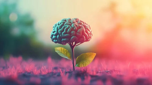 Brain-shaped plant with leaves on gradient blurred field.