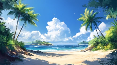Tropical Beach Cove with Palm Trees and Island Vista.