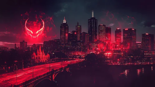 Demonic red storm engulfs neon city skyline at nightfall