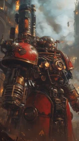 Armored mech titan dominates burning industrial megacity skyline