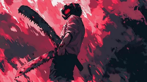 Chainsaw-armed warrior stands amid explosive crimson chaos.