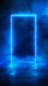 Neon rectangular portal in blue atmospheric digital space.