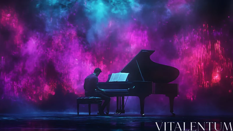 Cosmic chords spill from a lone pianist in neon stormlight