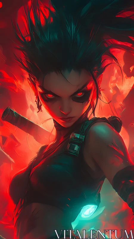 Fierce cyberpunk warrior glares through blazing red flames