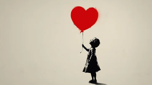 Silhouetted child figure holding red heart balloon against neutral background