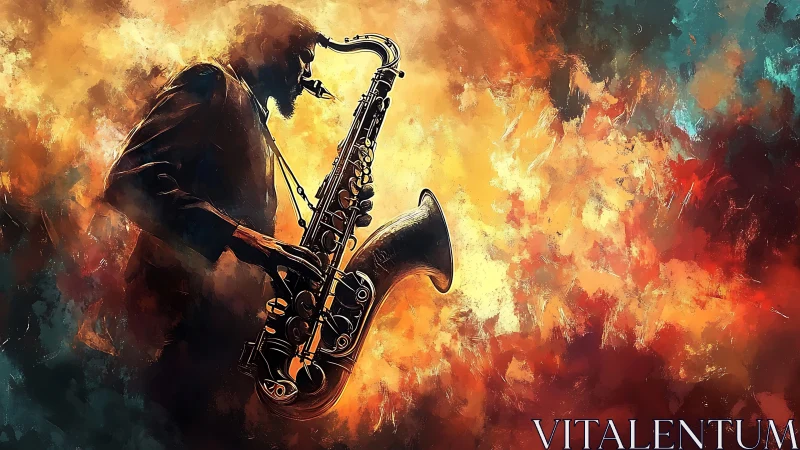 Jazz saxophonist silhouette amid fiery abstract colors.