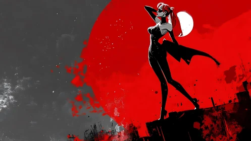 Graphic noir heroine silhouette against splattered red moon.
