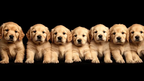 Golden retriever puppies sit in perfect row on black backdrop