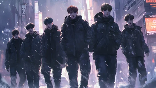 Urban night squad advances through neon-lit winter street