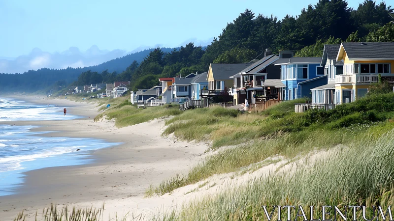 Coastal houses line a sandy beach beside dense green forest