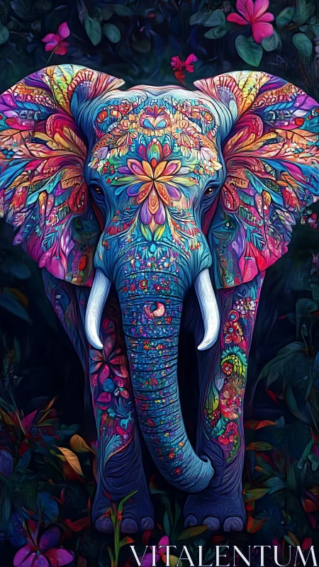 Psychedelic floral elephant portrait in dense jungle setting