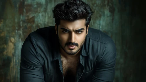 Intense bearded man leans forward in dramatic studio light