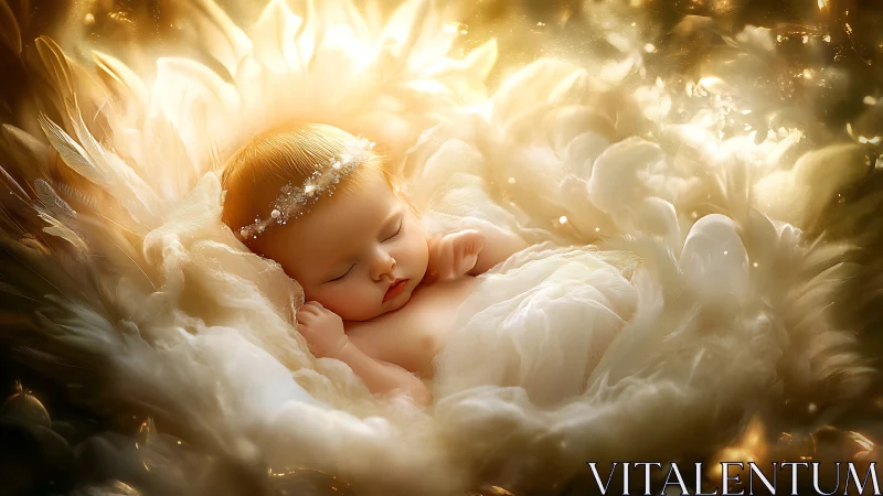 Sleeping newborn cradled in glowing feathered light.