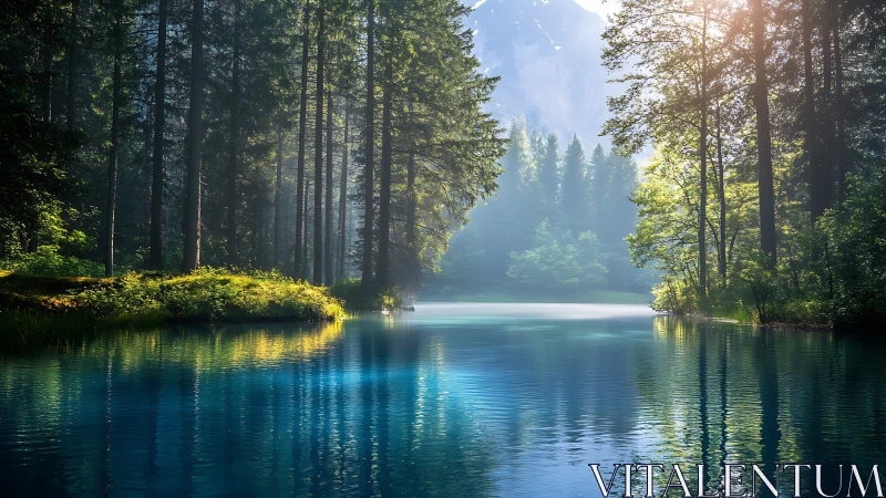 Serene Forest Lake Surrounded by Towering Trees