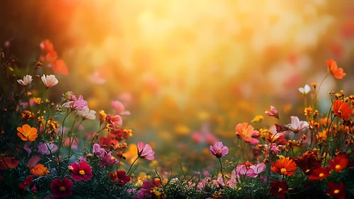 Golden Hour Cosmos Garden: Depth-of-Field Floral Arrangement