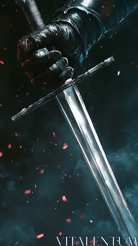 Armored hand gripping sword against dark smoky backdrop.