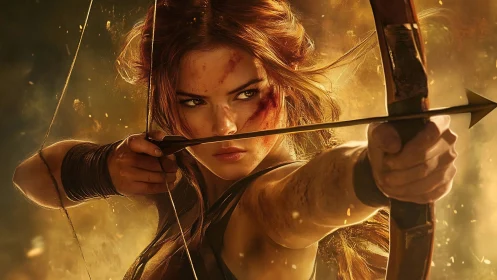 Fierce young archer draws her bow with fearless focus.