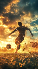 Sunlit soccer player sends a powerful kick into glowing sky