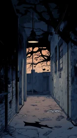 Noir urban alley with bat silhouette and dusk horizon framing.