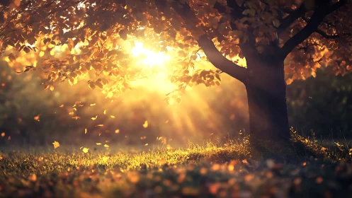 Sunlit autumn tree casts warm rays through falling leaves