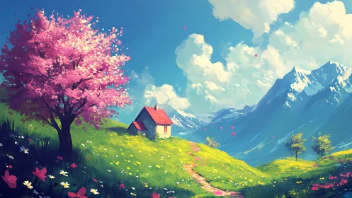 Spring cottage under cherry tree beside bright mountains.