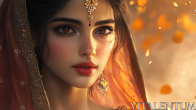 Digital painting portrait with warm bokeh and jeweled veil focus.